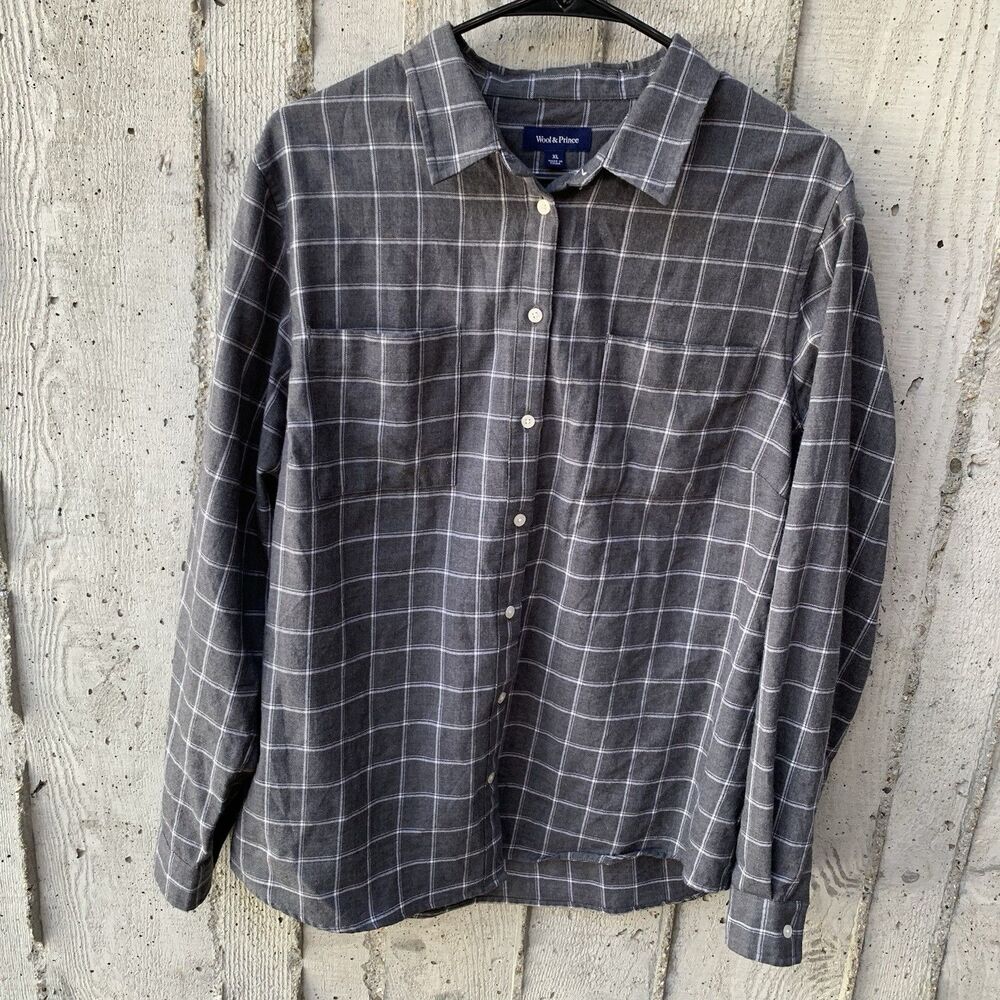 Wool&Prince Men's Button Up Long Sleeve Shirt Size XL Gray White Plaid Pockets